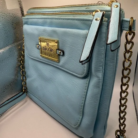 Nicole by Nicole Miller Light Blue Crossbody Bag with Gold Tag & Chained Links - Picture 3 of 12